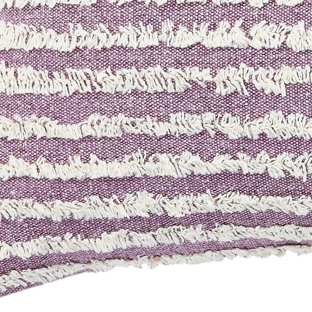 14" X 36" Lavender And Off White Lumbar Striped Cotton Throw Pillow Cover with Tufts