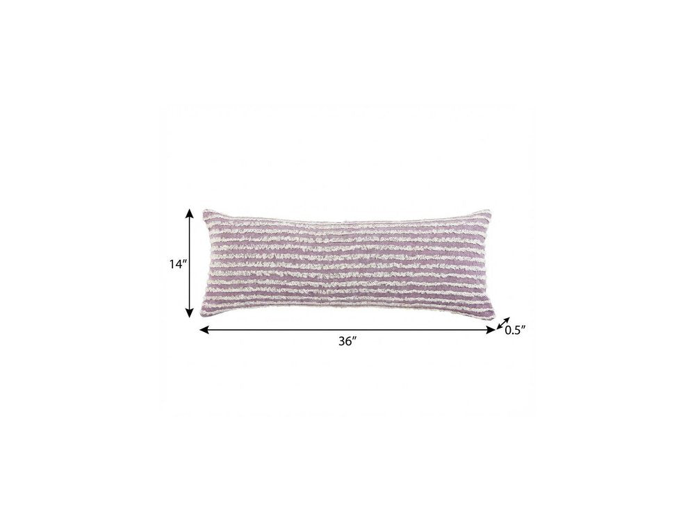 14" X 36" Lavender And Off White Lumbar Striped Cotton Throw Pillow Cover with Tufts