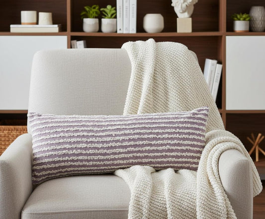 14" X 36" Lavender And Off White Lumbar Striped Cotton Throw Pillow Cover with Tufts