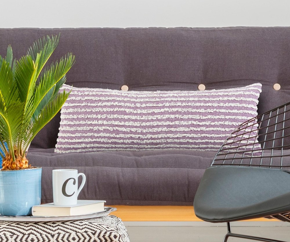 14" X 36" Lavender And Off White Lumbar Striped Cotton Throw Pillow Cover with Tufts