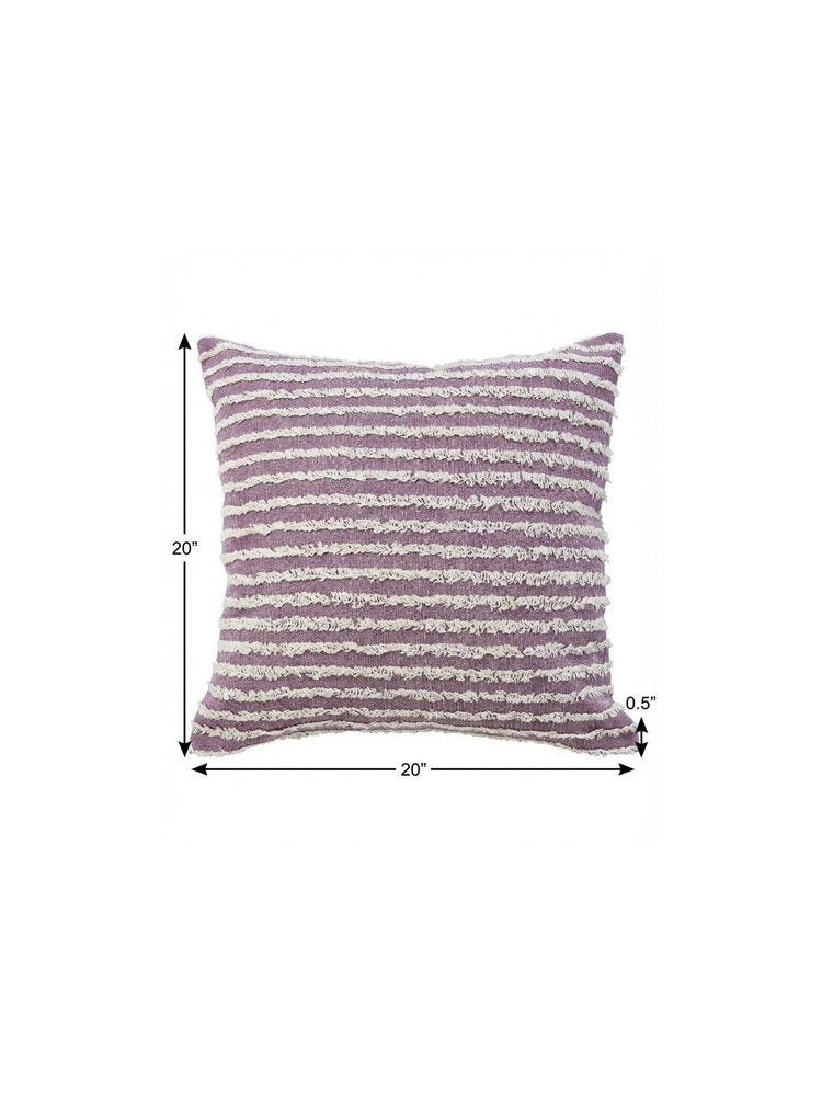 20" Lavender And Off White Striped Cotton Throw Pillow Cover with Tufts