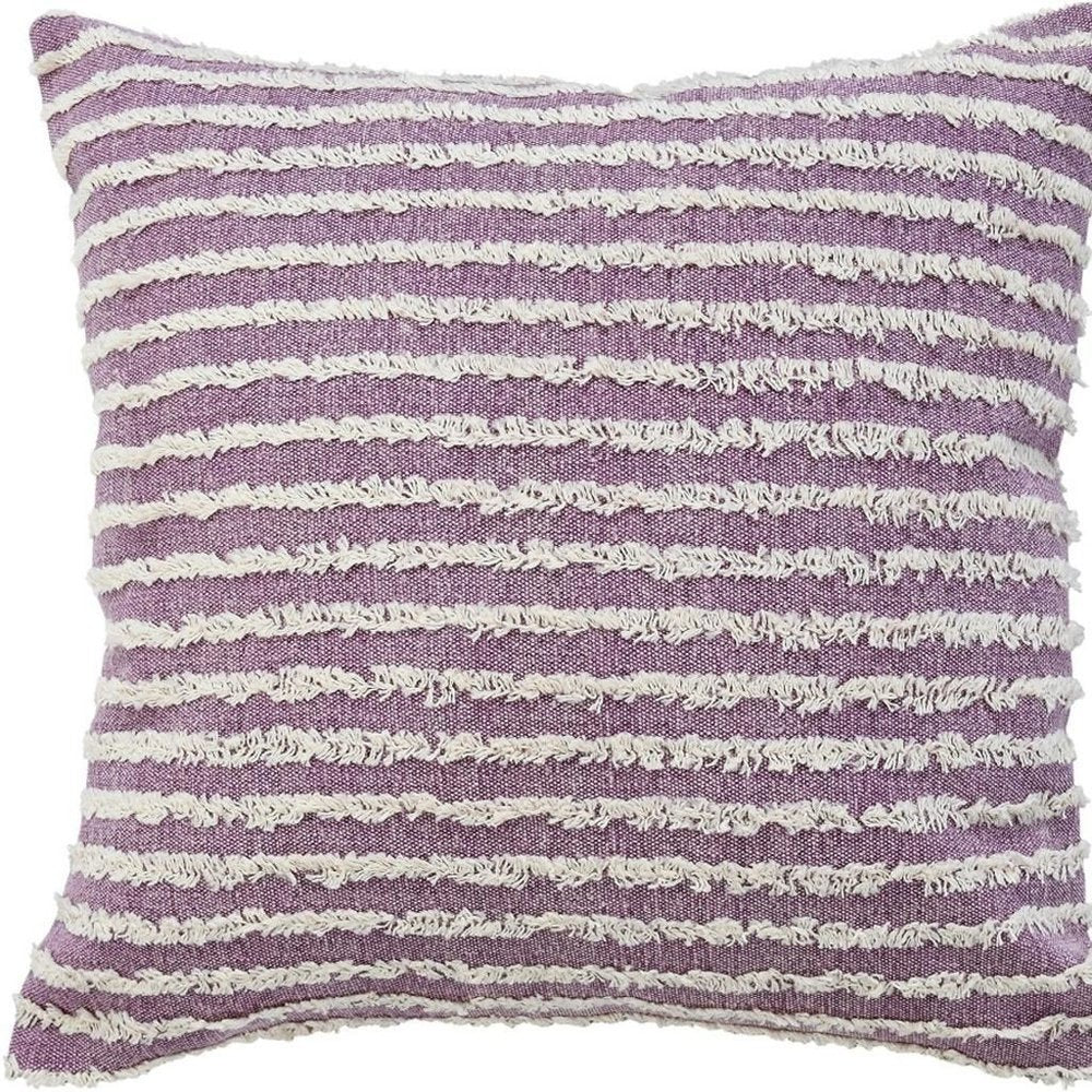 20" Lavender And Off White Striped Cotton Throw Pillow Cover with Tufts