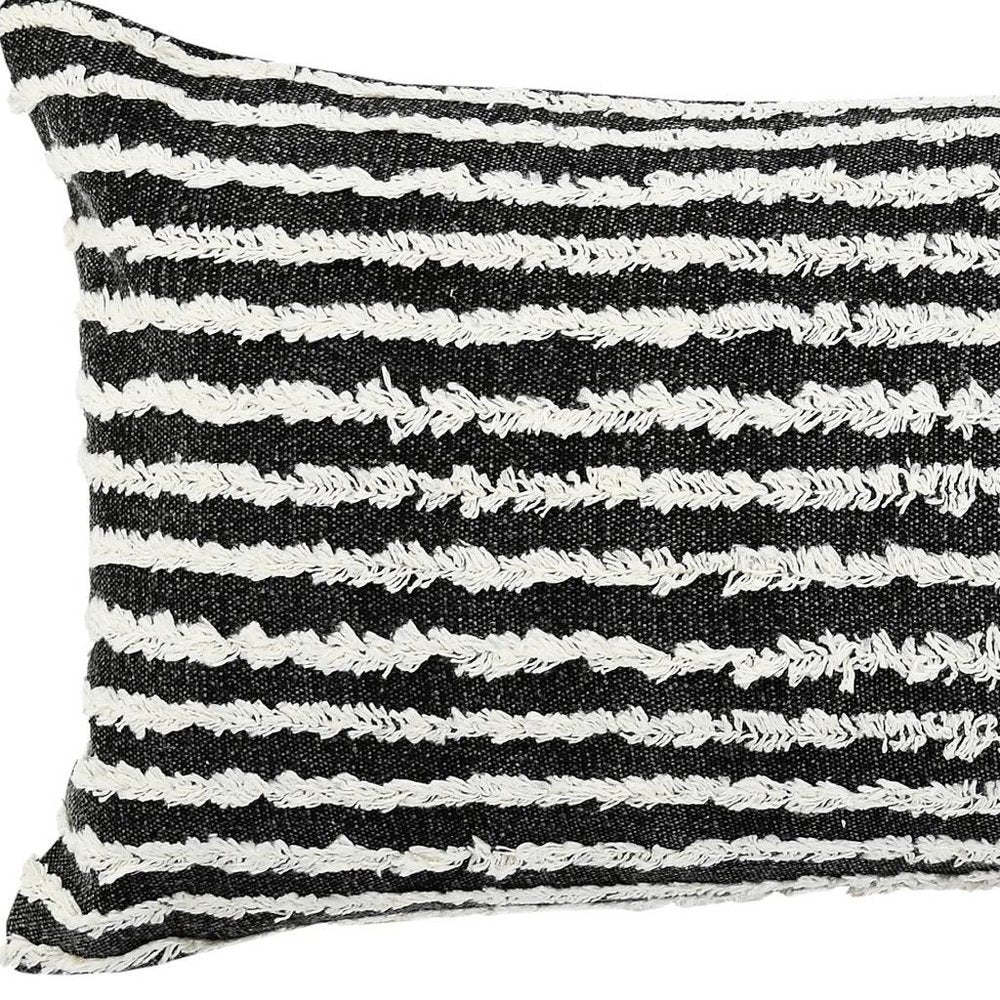 14" X 36" Black And White Lumbar Striped Cotton Throw Pillow Cover with Tufts