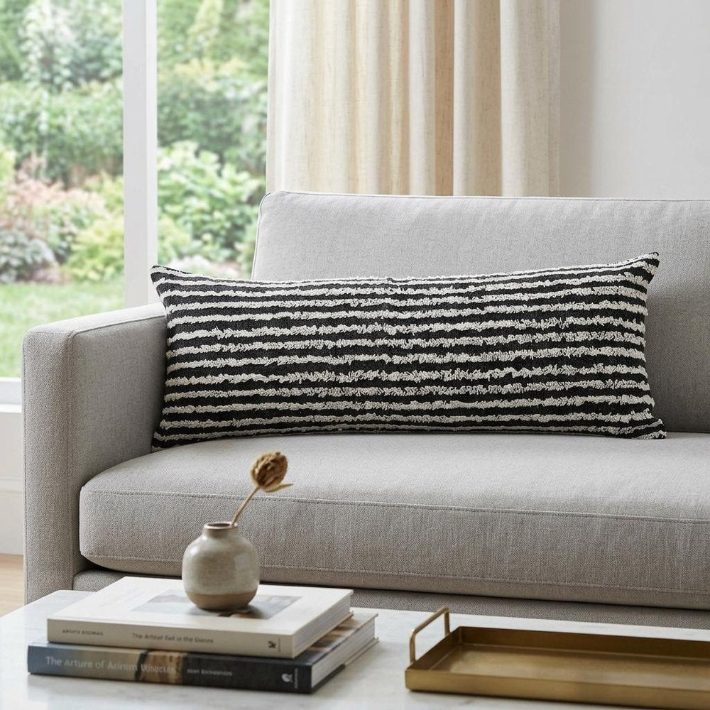 14" X 36" Black And White Lumbar Striped Cotton Throw Pillow Cover with Tufts