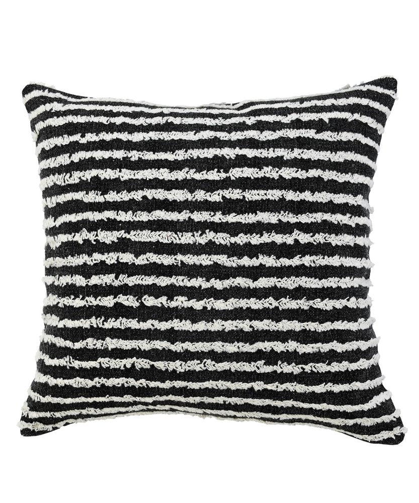 20" Black And White Striped Cotton Throw Pillow Cover with Tufts