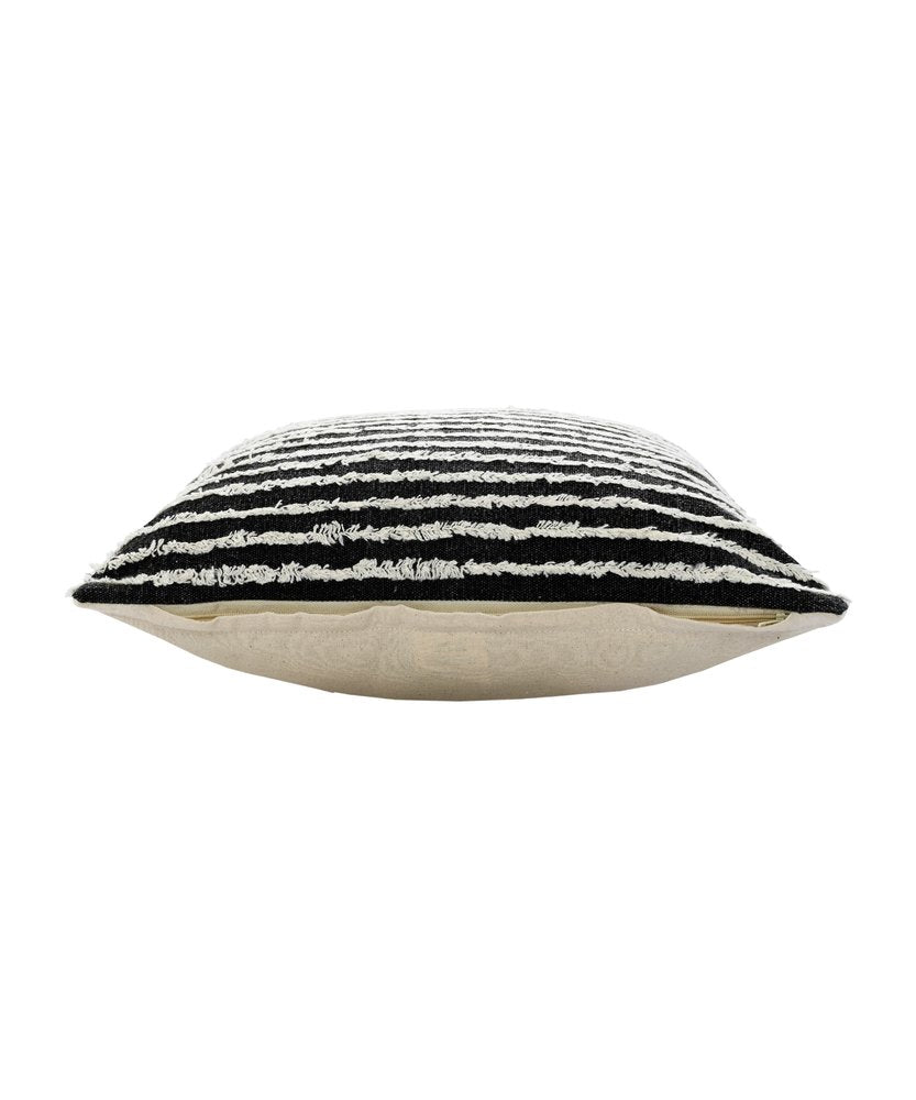 20" Black And White Striped Cotton Throw Pillow Cover with Tufts