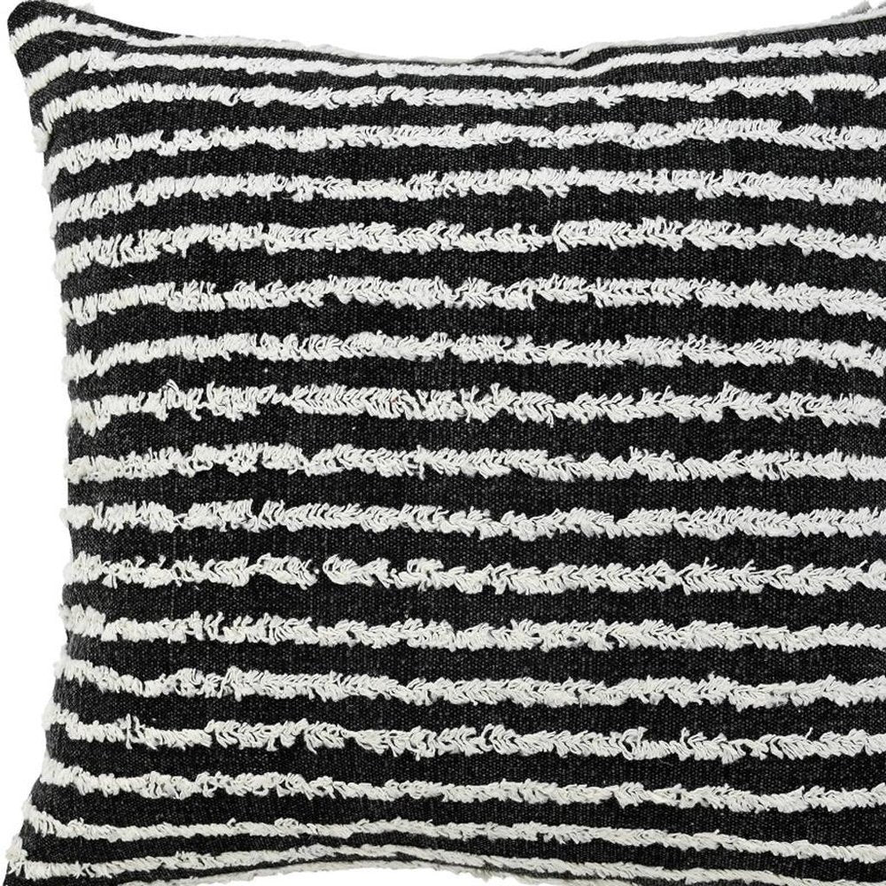 20" Black And White Striped Cotton Throw Pillow Cover with Tufts