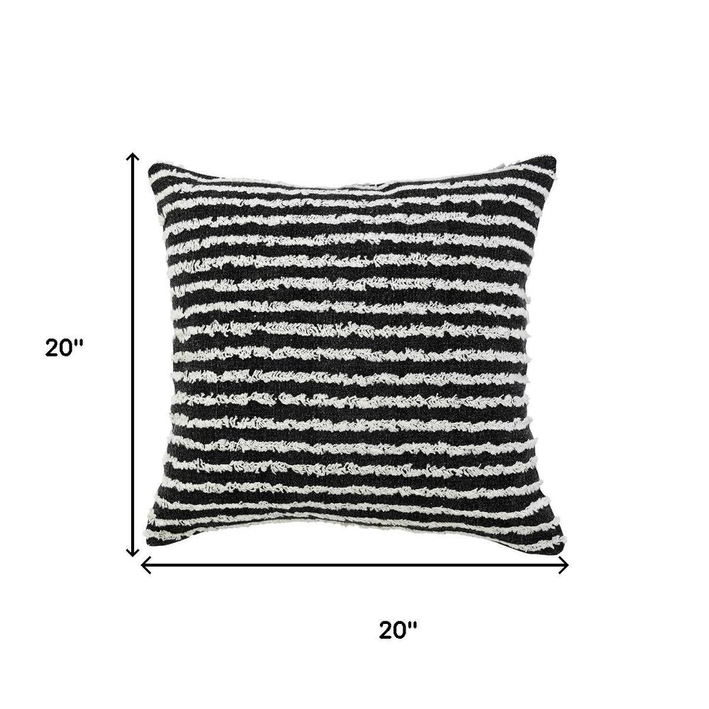 20" Black And White Striped Cotton Throw Pillow Cover with Tufts