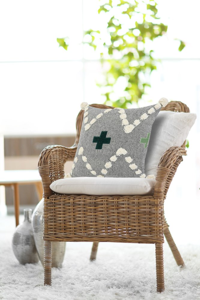 20" Gray And Green Chevron Cotton Throw Pillow Cover