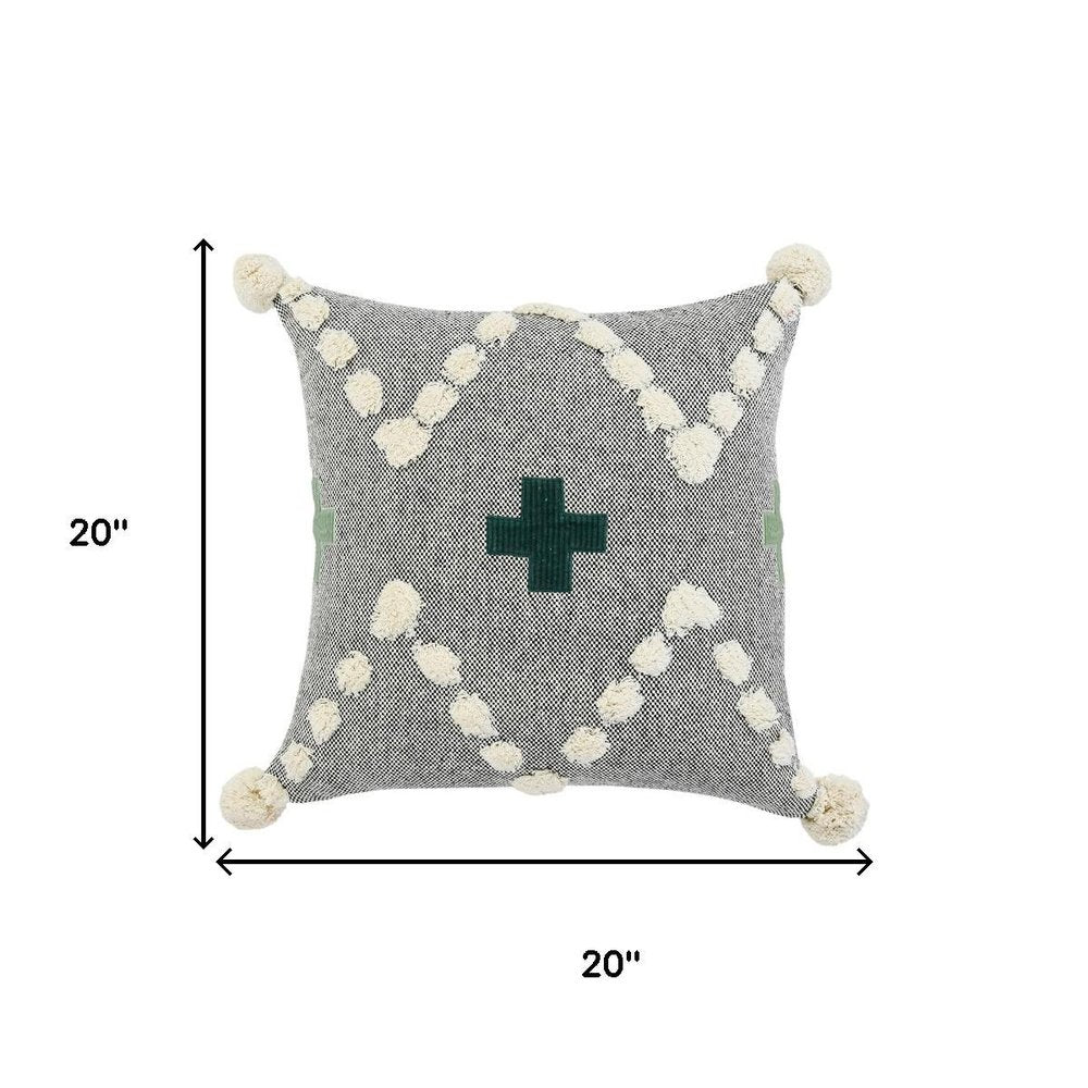 20" Gray And Green Chevron Cotton Throw Pillow Cover