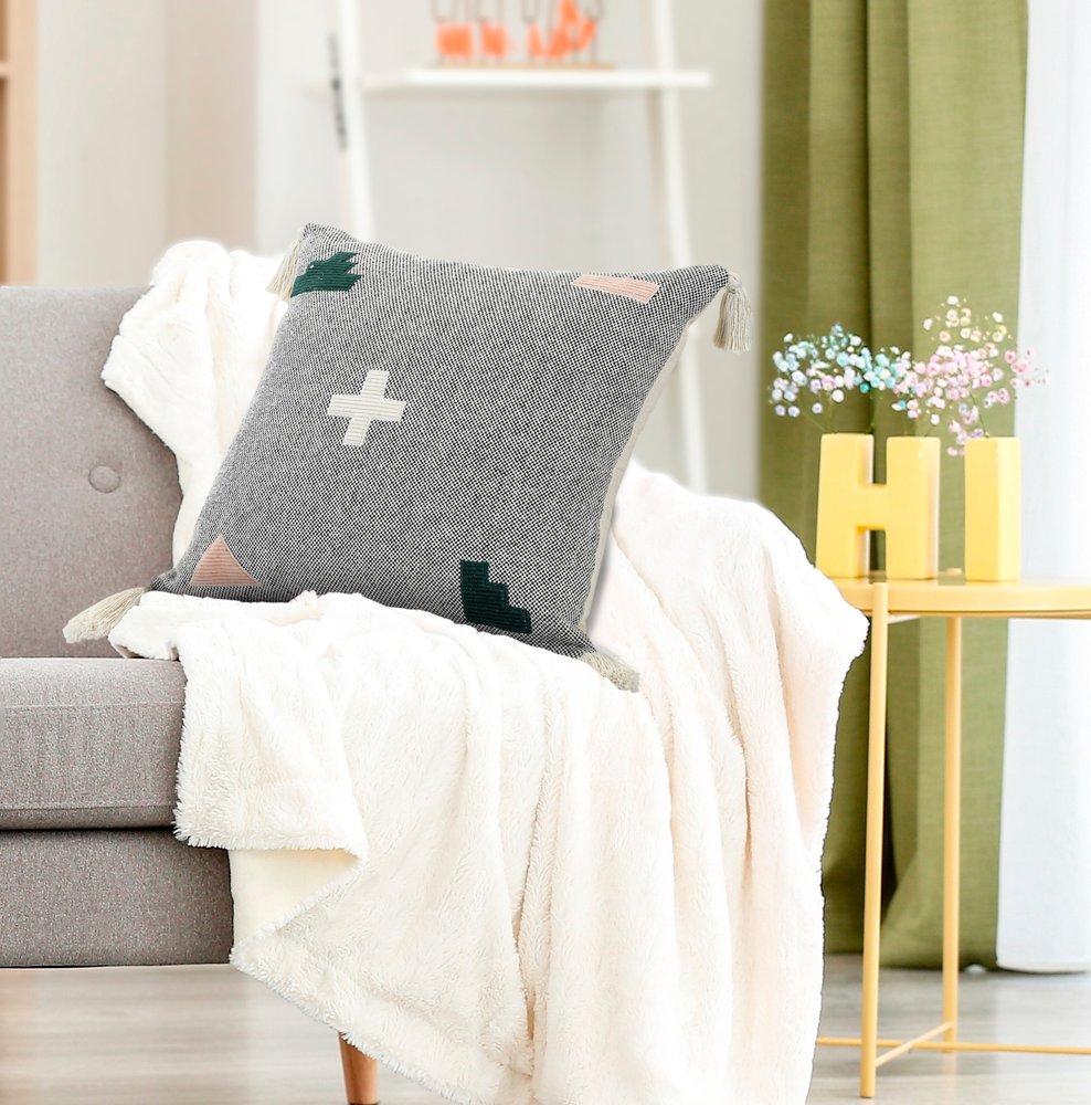 20" Gray And Green Geometric Cotton Throw Pillow Cover