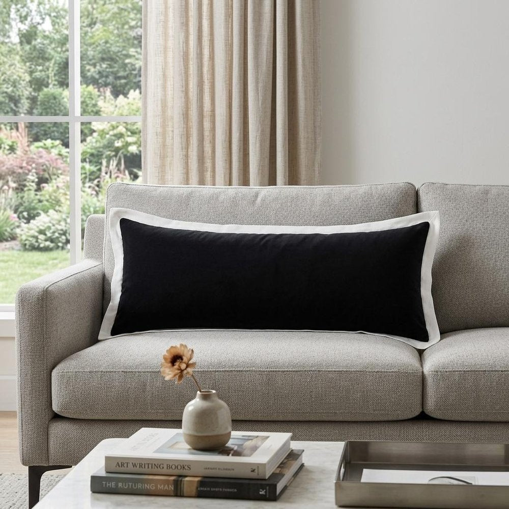 14" X 36" Black And White Lumbar Color Block Cotton Throw Pillow Cover