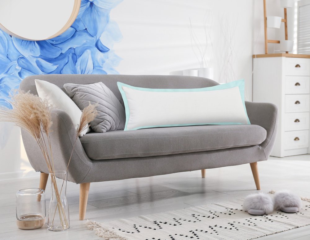 14" X 36" White And Blue Lumbar Cotton Throw Pillow Cover