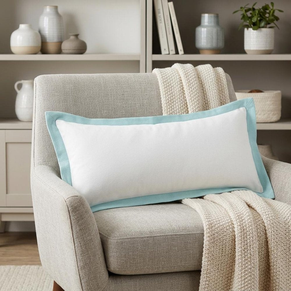 14" X 36" White And Blue Lumbar Cotton Throw Pillow Cover