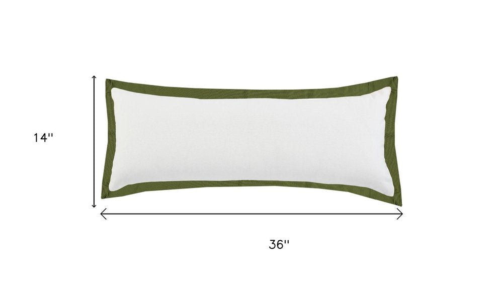 14" X 36" White And Green Lumbar Cotton Throw Pillow Cover