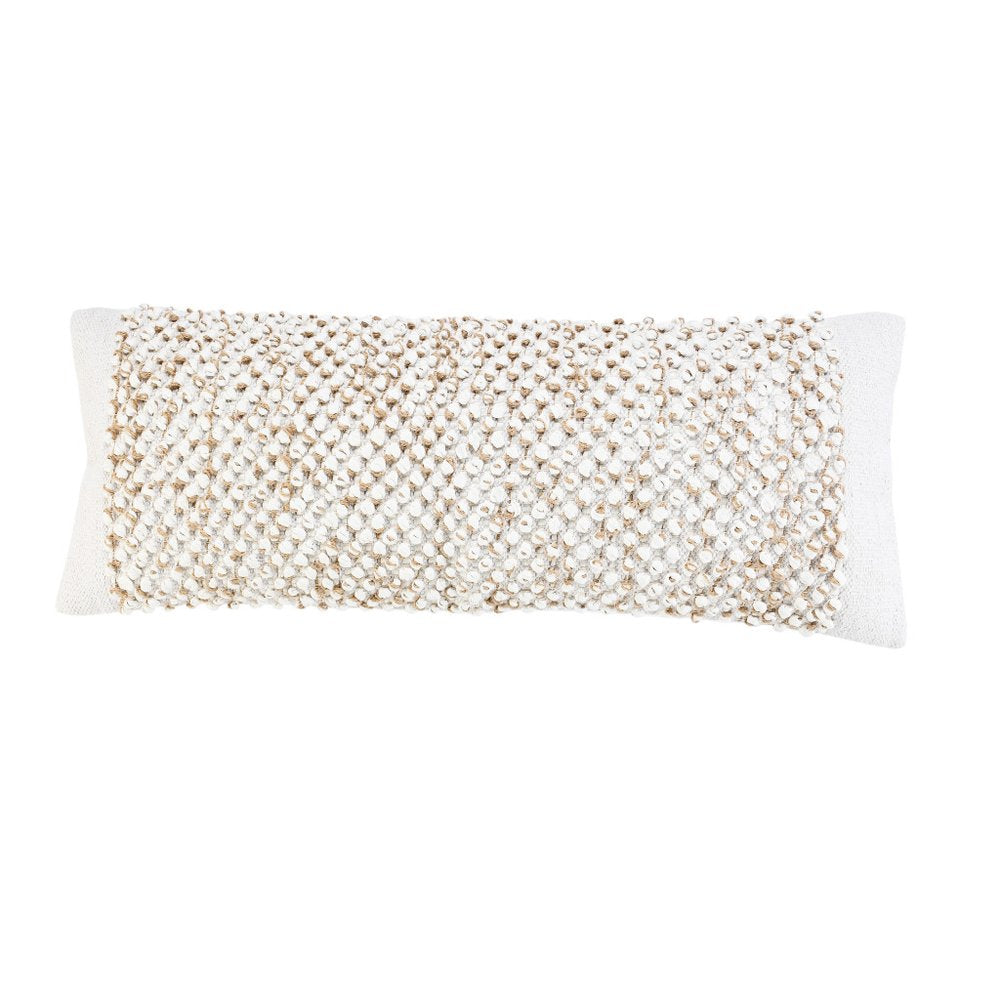 14" X 36" White And Beige Lumbar Geometric Cotton Blend Throw Pillow Cover with Texture