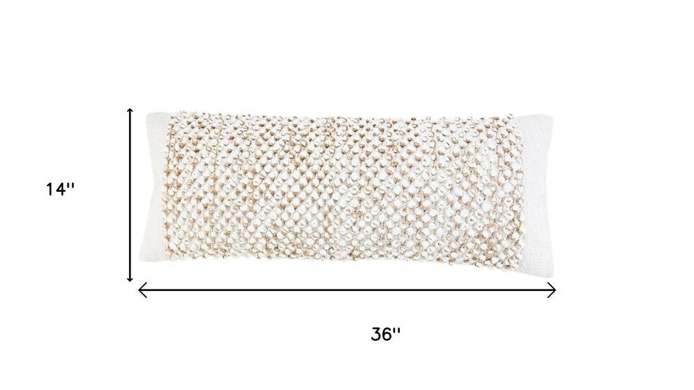 14" X 36" White And Beige Lumbar Geometric Cotton Blend Throw Pillow Cover with Texture