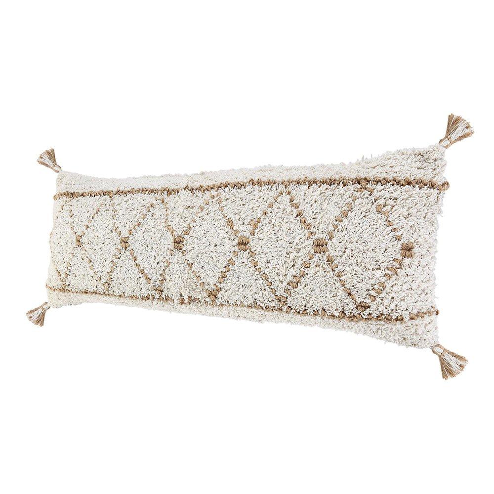 14" X 36" Beige And Ivory Lumbar Geometric Jute And Shag Throw Pillow Cover with Tassels