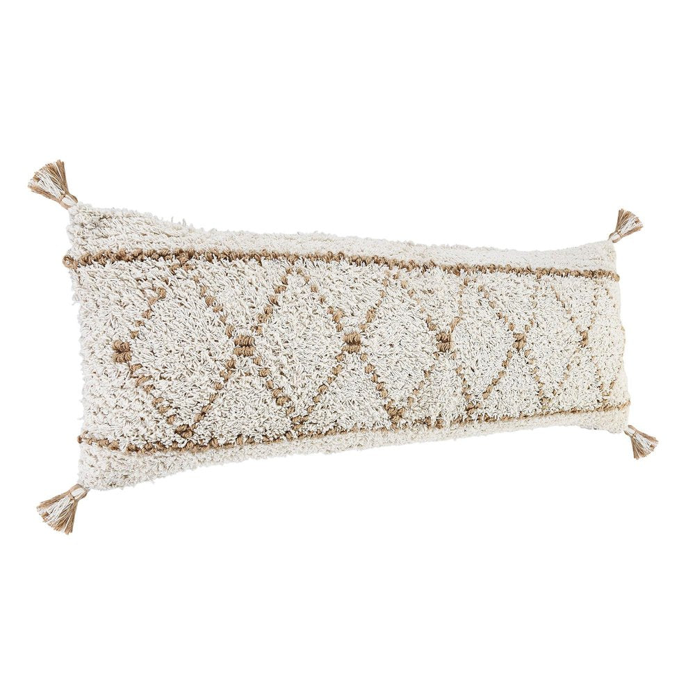 14" X 36" Beige And Ivory Lumbar Geometric Jute And Shag Throw Pillow Cover with Tassels