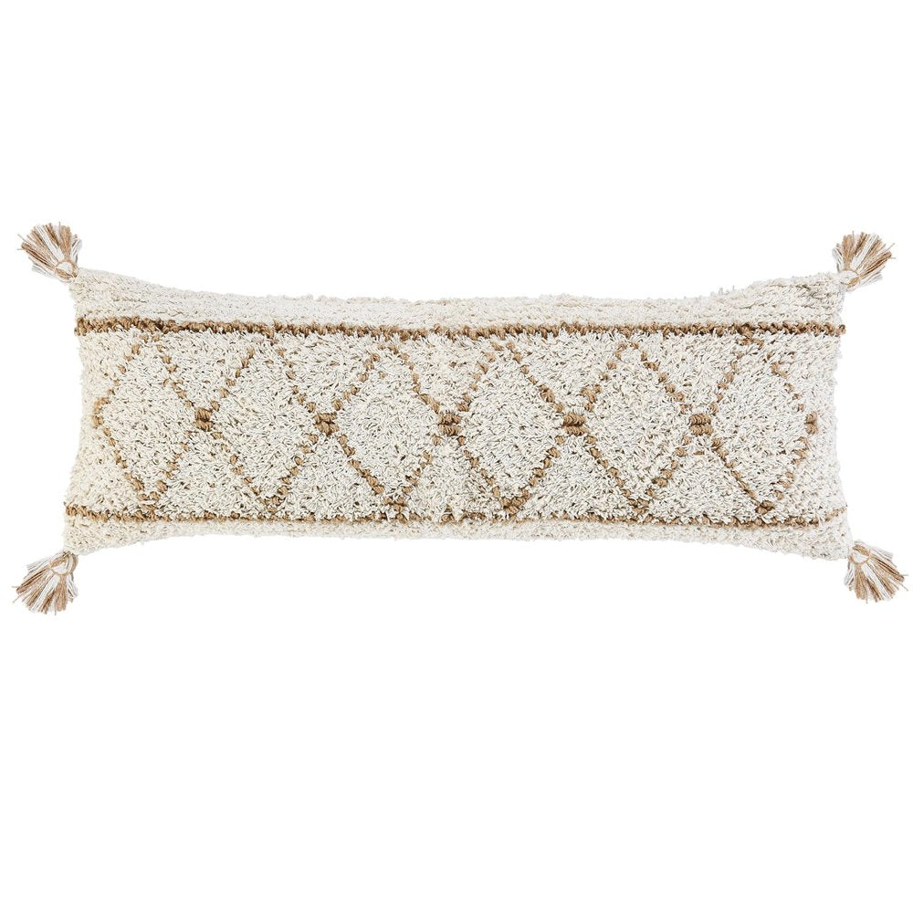 14" X 36" Beige And Ivory Lumbar Geometric Jute And Shag Throw Pillow Cover with Tassels