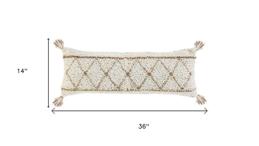 14" X 36" Beige And Ivory Lumbar Geometric Jute And Shag Throw Pillow Cover with Tassels