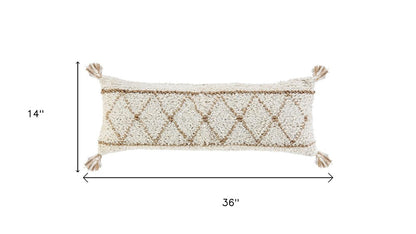 14" X 36" Beige And Ivory Lumbar Geometric Jute And Shag Throw Pillow Cover with Tassels