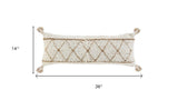 14" X 36" Beige And Ivory Lumbar Geometric Jute And Shag Throw Pillow Cover with Tassels