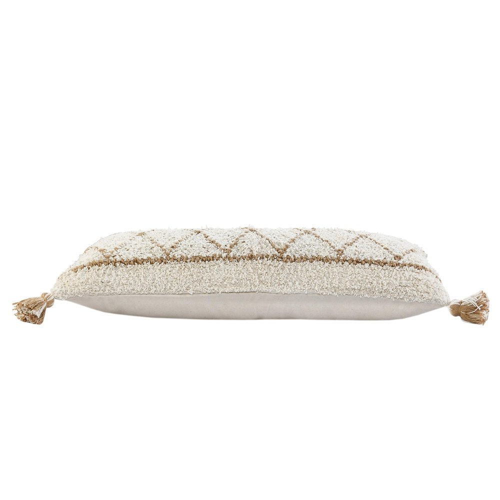 14" X 36" Beige And Ivory Lumbar Geometric Jute And Shag Throw Pillow Cover with Tassels