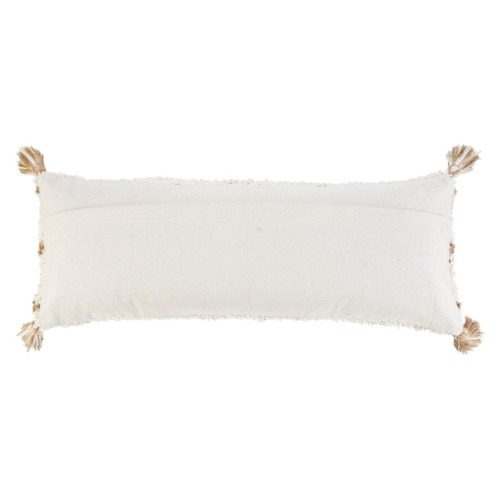14" X 36" Beige And Ivory Lumbar Geometric Jute And Shag Throw Pillow Cover with Tassels