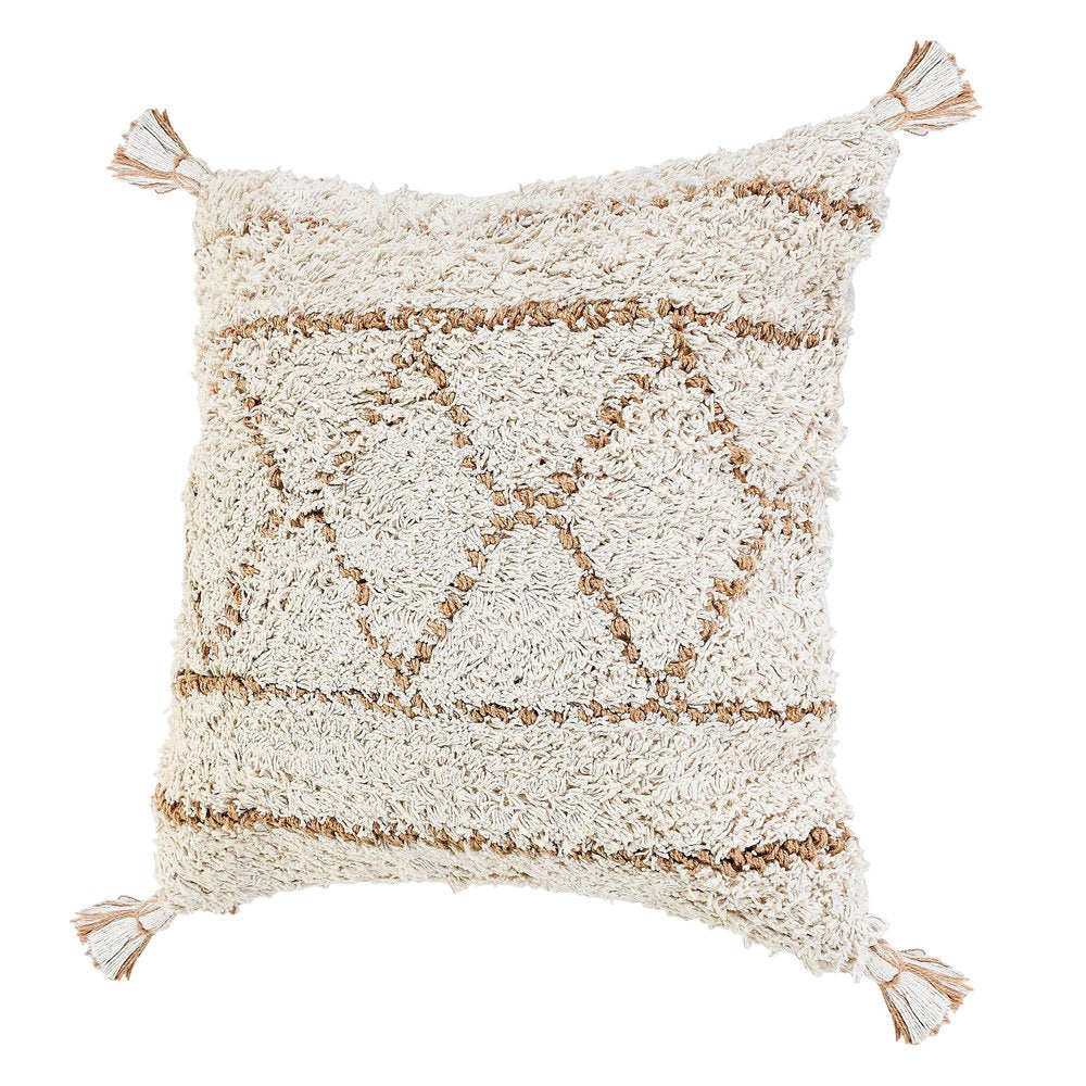 20" Beige And Ivory Geometric Cotton Blend Throw Pillow Cover with Tassels