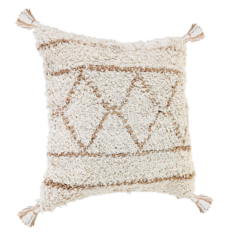 20" Beige And Ivory Geometric Cotton Blend Throw Pillow Cover with Tassels
