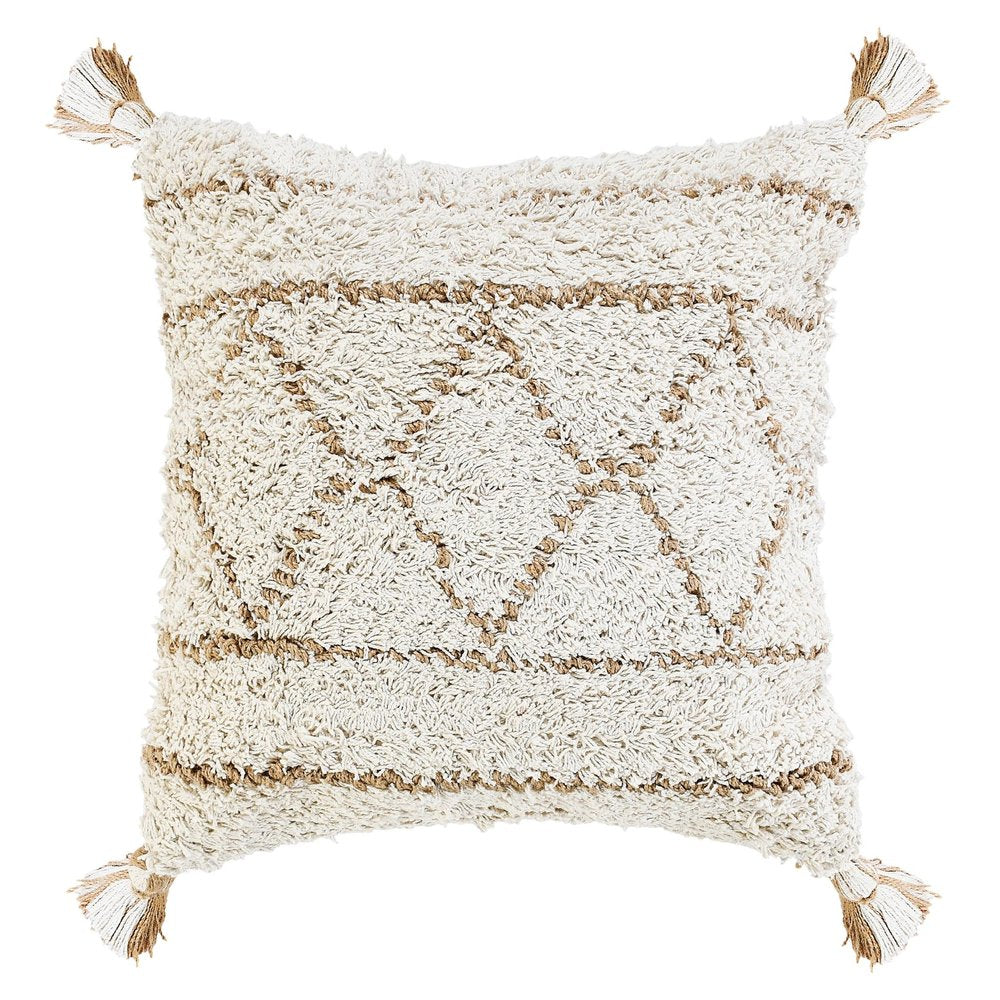 20" Beige And Ivory Geometric Cotton Blend Throw Pillow Cover with Tassels