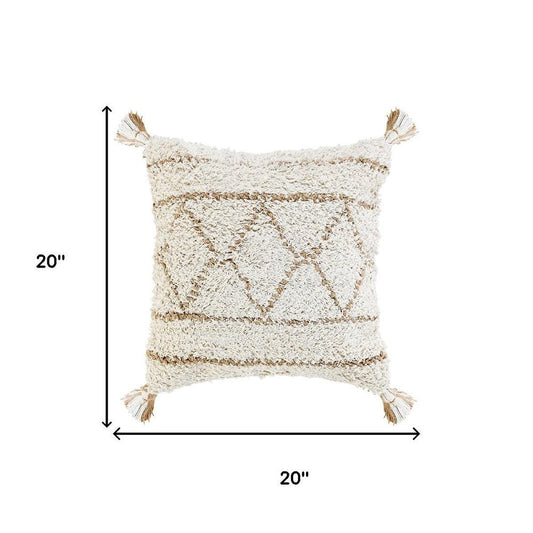 20" Ivory And Beige Geometric Cotton Blend Throw Pillow Cover with Tassels