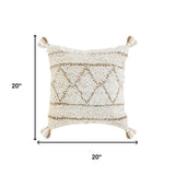 20" Ivory And Beige Geometric Cotton Blend Throw Pillow Cover with Tassels