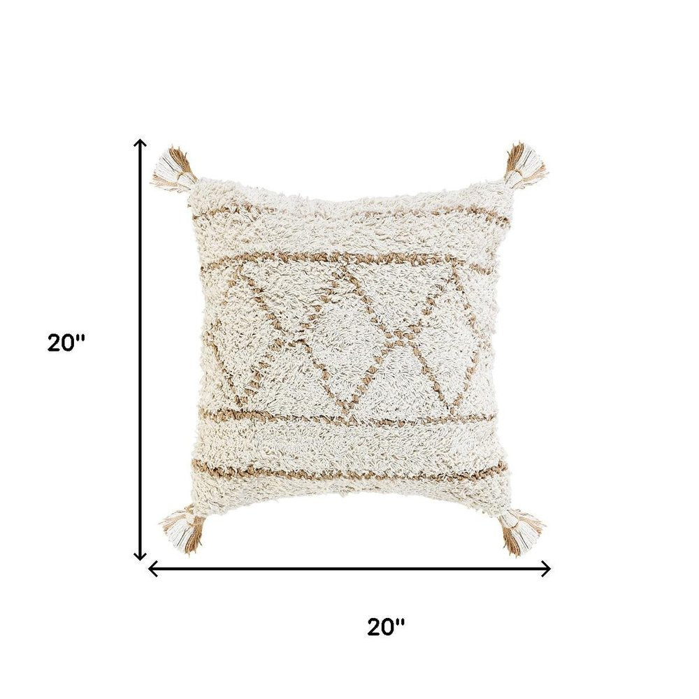 20" Beige And Ivory Geometric Cotton Blend Throw Pillow Cover with Tassels