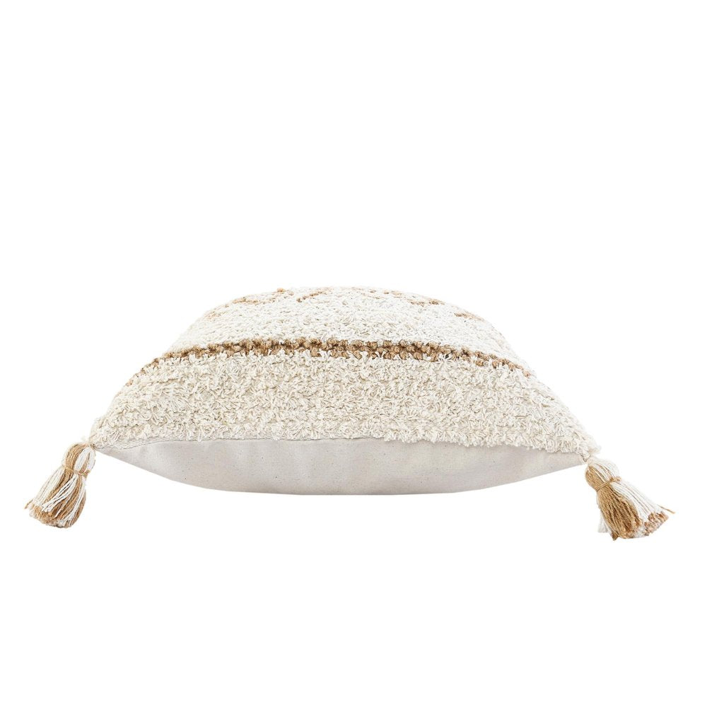 20" Beige And Ivory Geometric Cotton Blend Throw Pillow Cover with Tassels