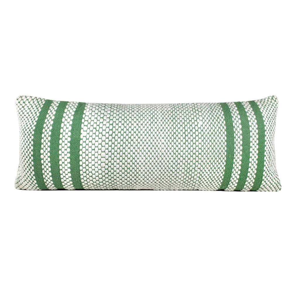 14" X 36" Green And White Lumbar Striped Cotton Blend Throw Pillow Cover