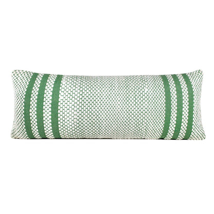 14" X 36" Green And White Lumbar Striped Cotton Blend Throw Pillow Cover