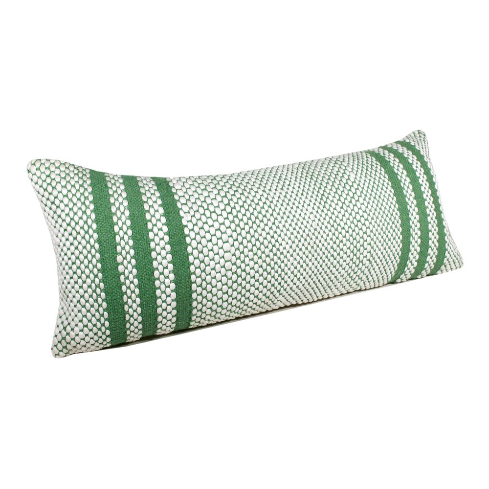 14" X 36" Green And White Lumbar Striped Cotton Blend Throw Pillow Cover