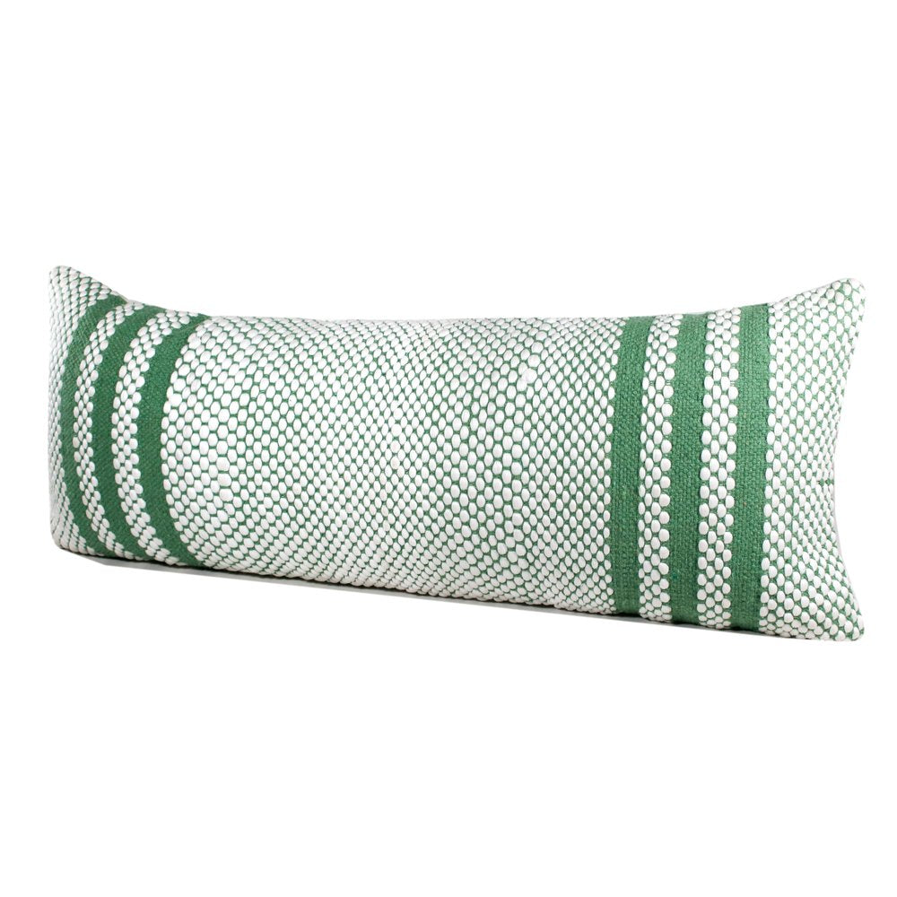 14" X 36" Green And White Lumbar Striped Cotton Blend Throw Pillow Cover