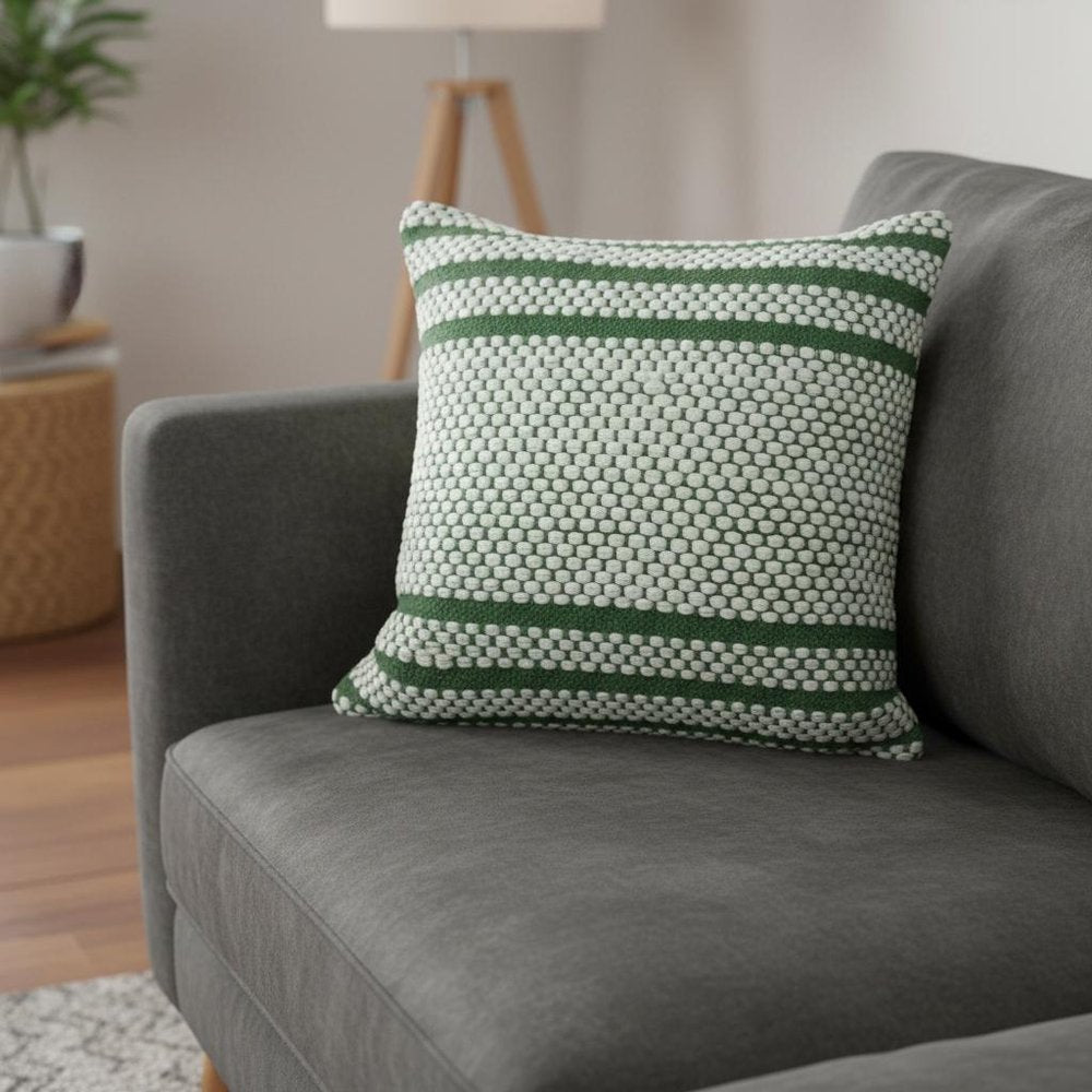 20" Green And White Striped Cotton Blend Throw Pillow Cover