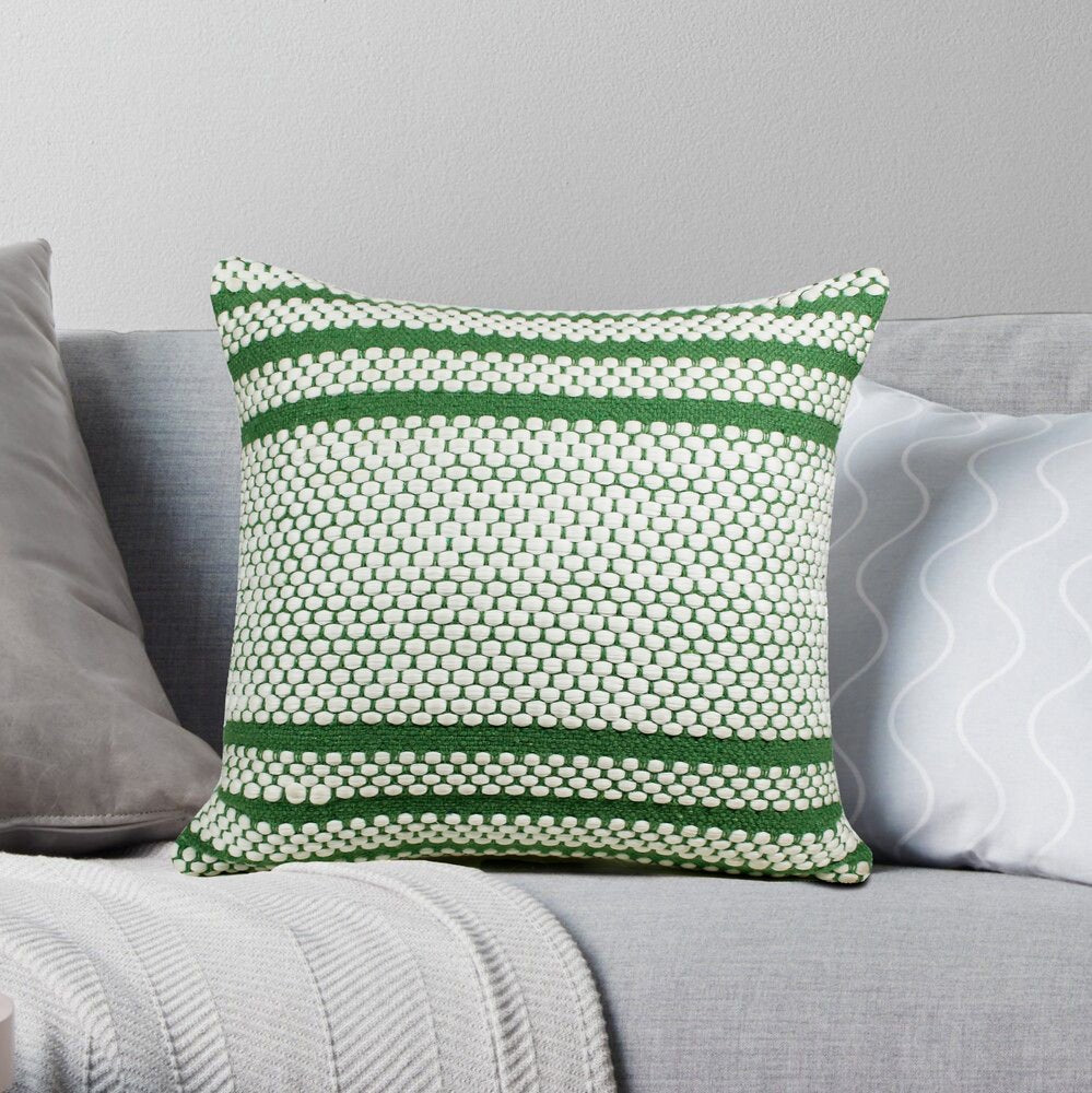 20" Green And White Striped Cotton Blend Throw Pillow Cover