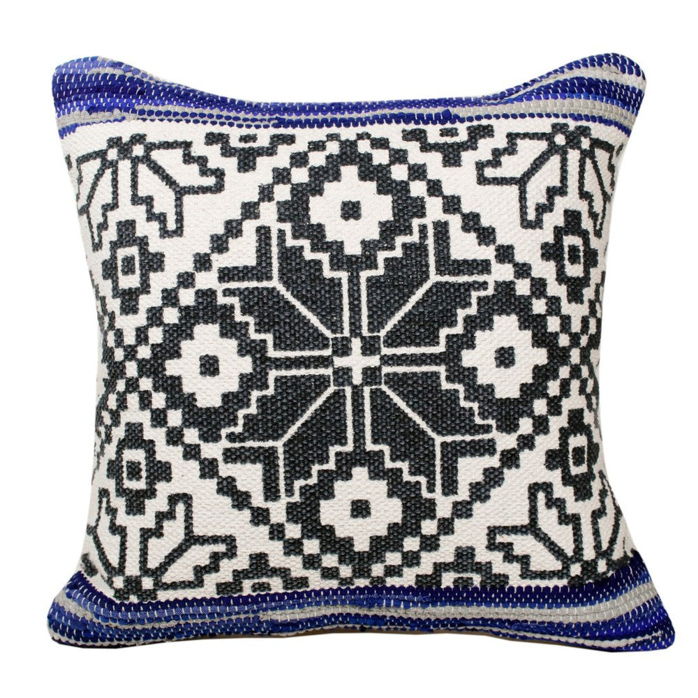 20" Blue Ivory And Black Geometric Cotton Blend Throw Pillow Cover