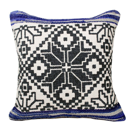 20" Blue Ivory And Black Geometric Cotton Blend Throw Pillow Cover