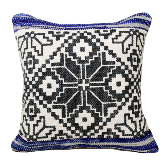 20" Blue Ivory And Black Geometric Cotton Blend Throw Pillow Cover