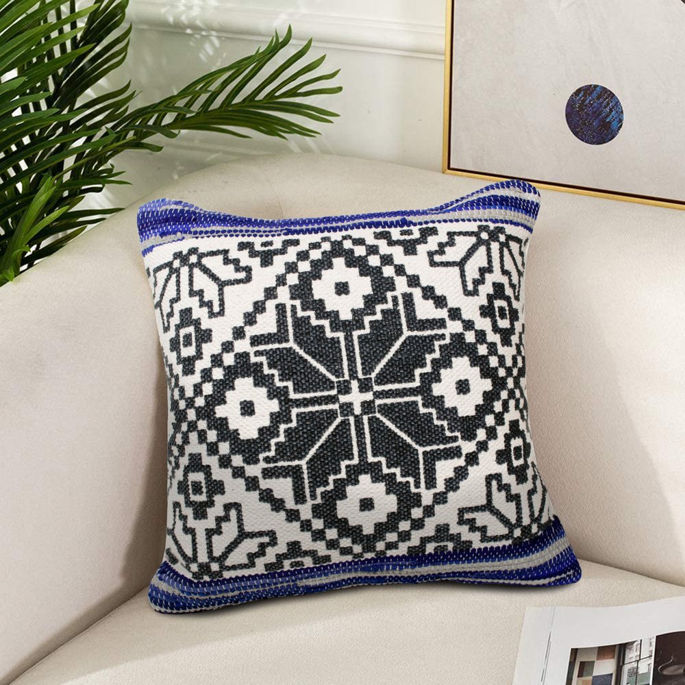 20" Blue And Gray Geometric Cotton Blend Throw Pillow Cover