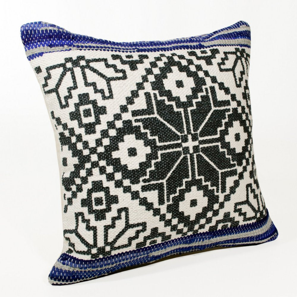 20" Blue Ivory And Black Geometric Cotton Blend Throw Pillow Cover