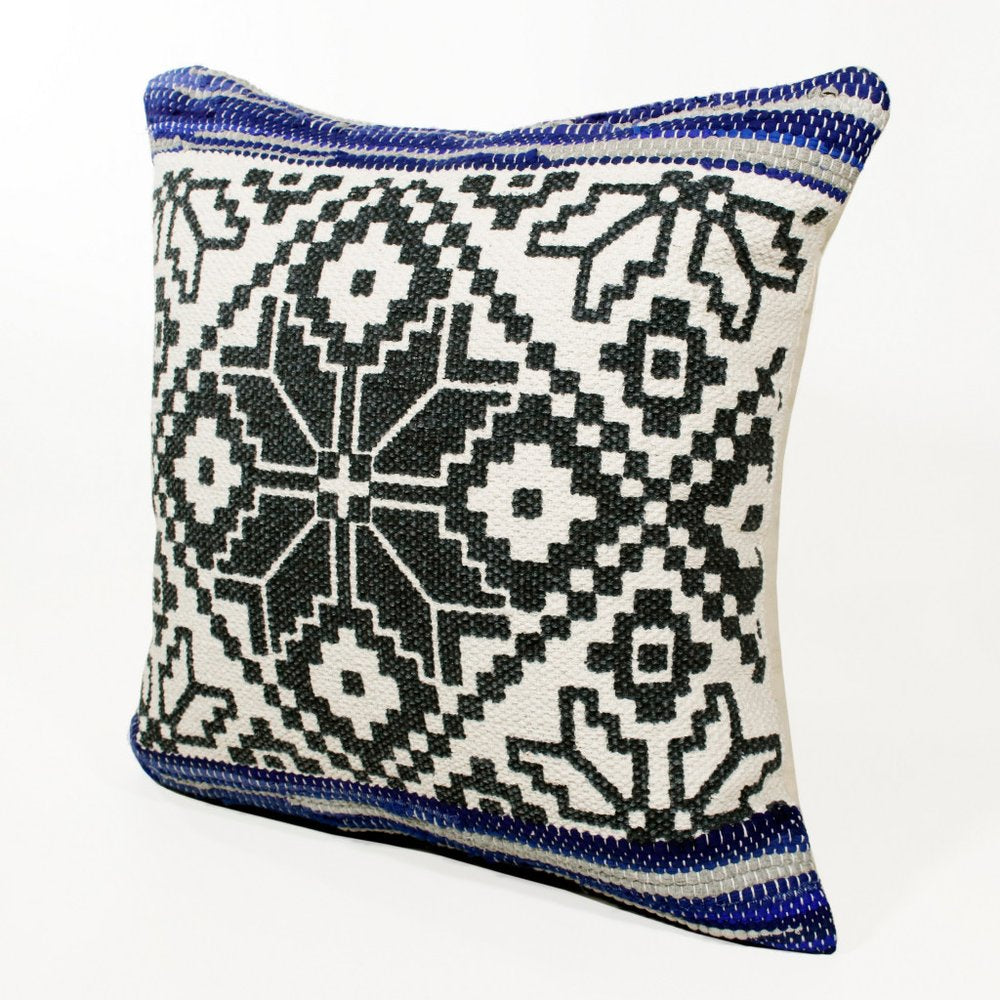 20" Blue Ivory And Black Geometric Cotton Blend Throw Pillow Cover