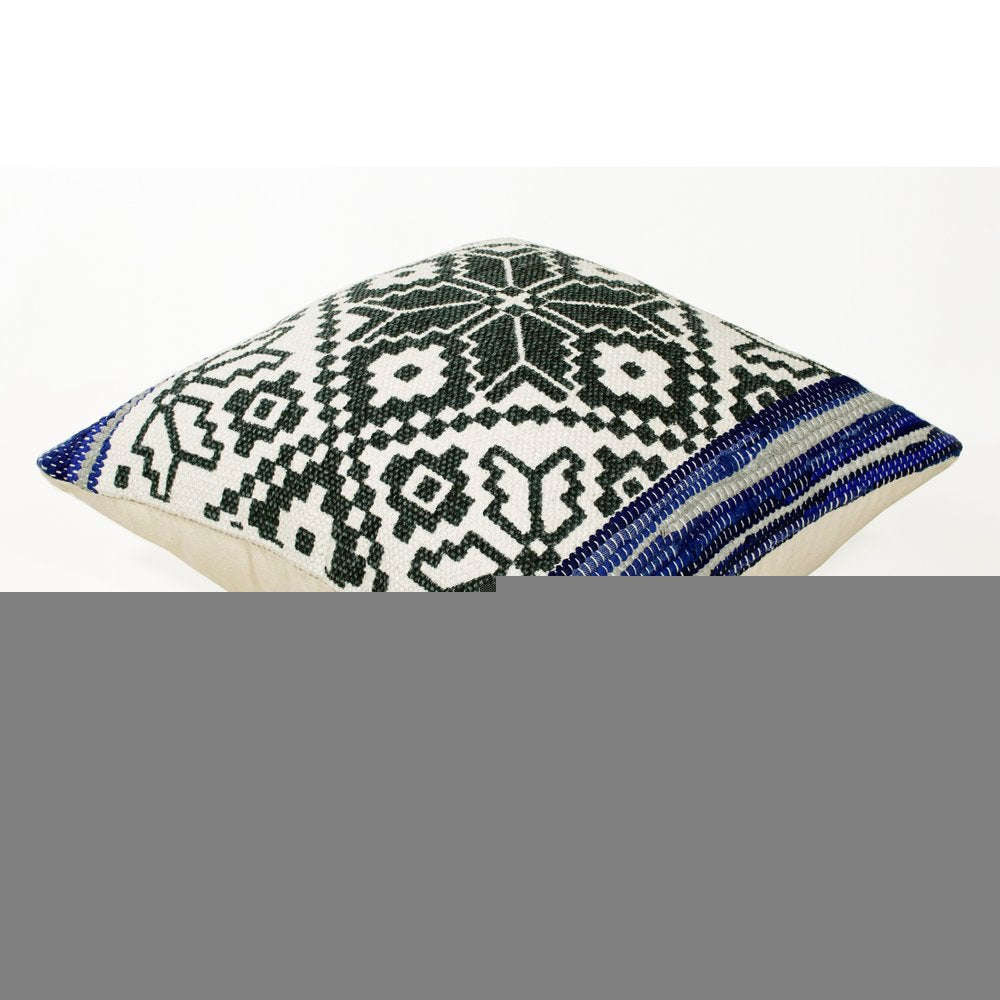 20" Blue Ivory And Black Geometric Cotton Blend Throw Pillow Cover