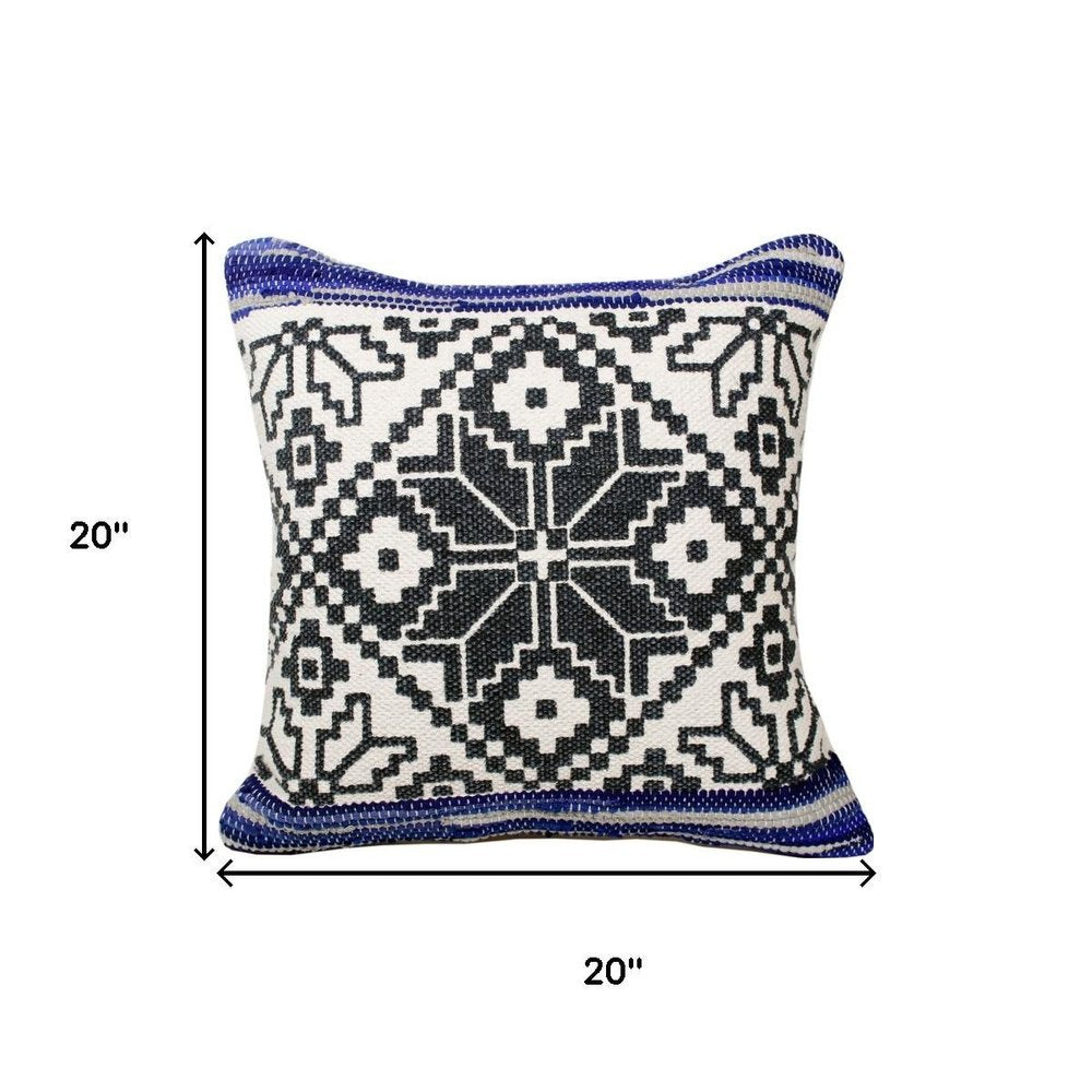 20" Blue Ivory And Black Geometric Cotton Blend Throw Pillow Cover